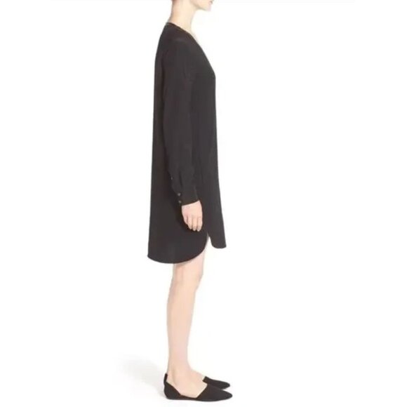 VINCE. Black Mixed Media Long Sleeve Dress w/Pockets Size 4 Tunic Leather Silk‎ - Picture 3 of 15